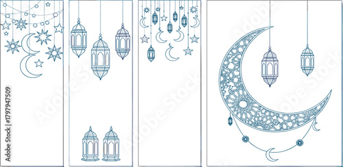 Elegant collection of blue line art banners for Ramadan celebration, featuring traditional Islamic crescent moons, stars, and hanging lanterns