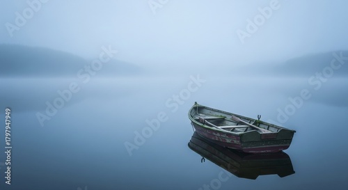 A serene and misty morning scene with an old wooden rowboat floating peacefully on a calm, reflective lake surrounded by hazy hills.