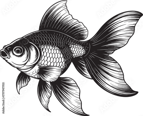 A finely detailed, hand-drawn illustration of a fantail goldfish in black ink on a white background, showcasing its flowing fins and scales.
