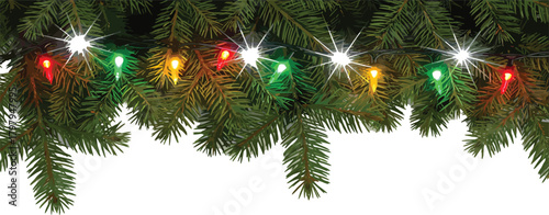 Festive string lights adorning a lush green fir tree branch, evoking a sense of holiday cheer and seasonal celebration