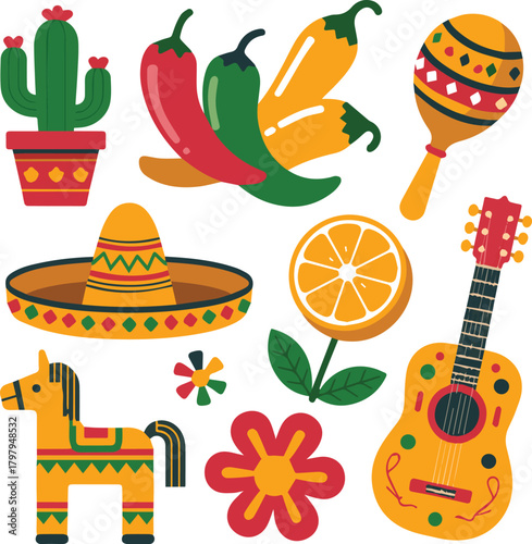 Mexican Fiesta Elements Cactus Sombrero Guitar Chili Peppers Orange Slice celebration culture