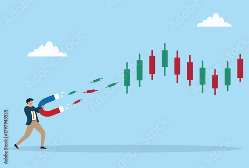 Vector illustration of a businessman using a giant magnet to attract candlestick chart elements, symbolizing market influence, trading strategy, invest power, financial control, stock market analysis
