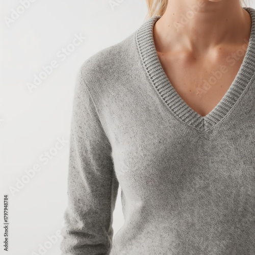 Stylish Woman Wearing a Light Gray Sweater Indoors During Daytime