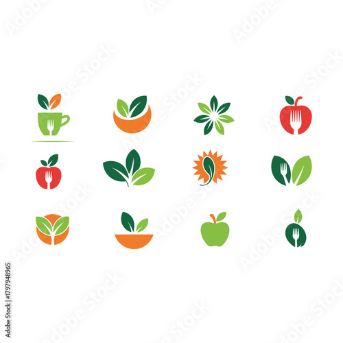 Assortment of organic food and leaf icons leaves green