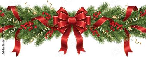 Festive Christmas Garland A Holiday Banner with Red Bow and Embellishments for Seasonal Decor