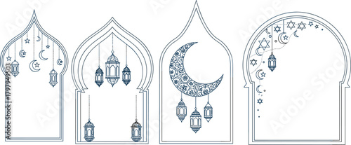 Set of Elegant Islamic Archway Decorations with Lanterns and Crescent Moon for Ramadan
