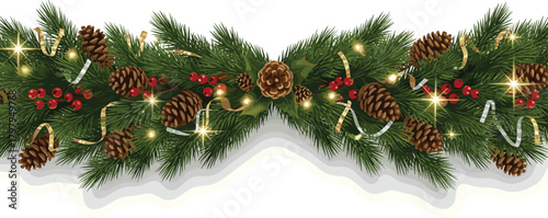 Festive Christmas Garland with Pine Cones, Berries, and Twinkling Lights for Holiday Decor