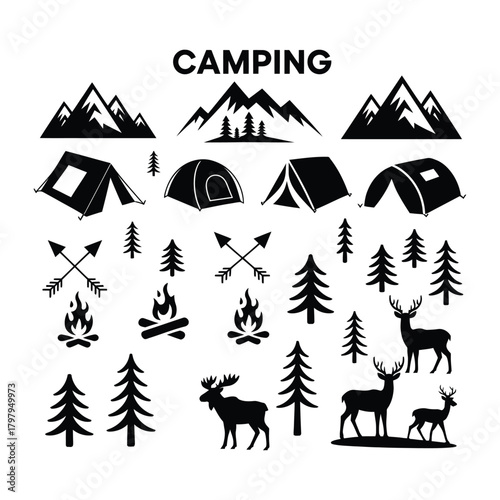 Black Silhouette Camping Icons with Mountains Trees and Animals
