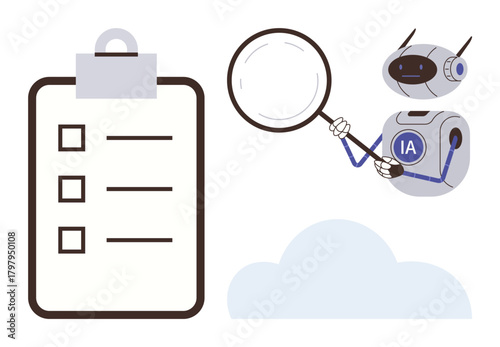 Robot labeled IA examining clipboard with checklist using magnifying glass, emphasizing technology, automation, and task optimization. Ideal for research, productivity, automation, analytics