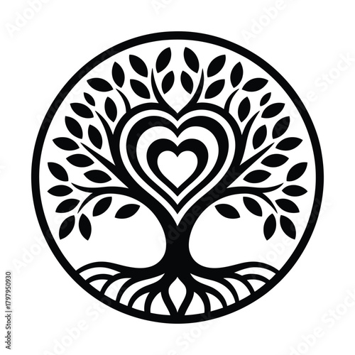 Black Silhouette of a Heart Tree of Life circle