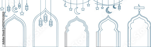 Outline collection of traditional Arabic arches, lanterns, and celestial symbols for Islamic holidays