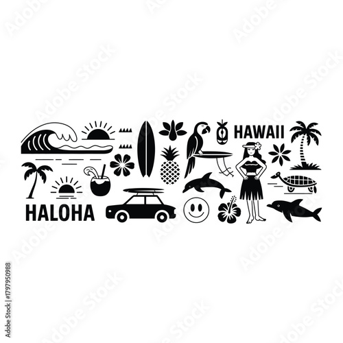 Black Silhouette Hawaii Themed Icons with Text aloha