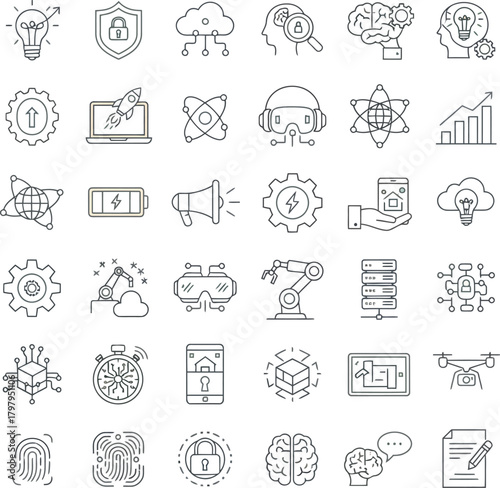 Adobe IllustrModern technology line art icon set. this versatile collection covers innovation, ai, data, security, smart systems, automation, cloud, iot, robotics, and digital transformatiator Artwork