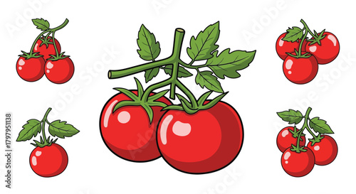 A colorful illustration depicting several ripe red tomatoes with green stems