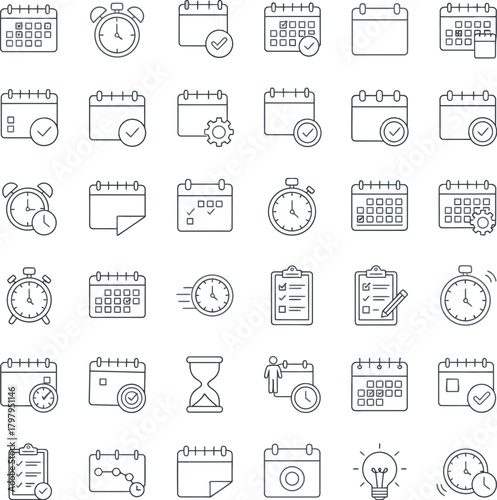 Adobe IllustratTime management, scheduling, and calendar line icons set. collection of outline symbols representing planning, deadlines, events, productivity, organization, and efficiency coor Artwork