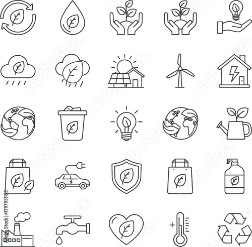 Adobe IllustEnvironmental sustainability and eco-friendly practices line icon set, featuring clean energy, recycling, water conservation, green living, and climate change symbols for moderator Artwork