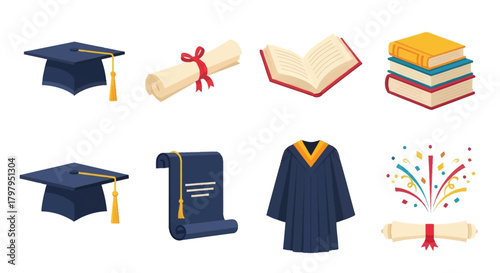 Graduation symbols cap gown diploma books and celebratory elements illustrated