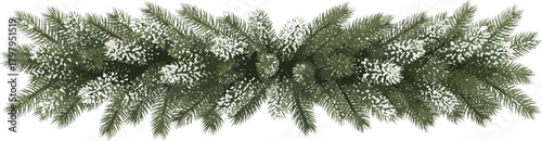 Realistic frosted winter pine garland with snow, a long festive holiday border for Christmas or New Year celebration and seasonal design