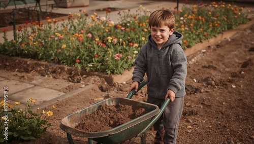 Child Enjoys Gardening While Pushing Wheelbarrow Filled With Soil in Sunny Fl...