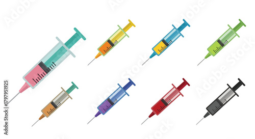 Colorful medical syringes isolated on a white background representing healthcare