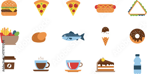 Diverse Flat Food Icons Arranged on White Background Keywords: burger, hamburger, cheeseburger