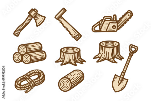 Rustic forestry tools and logs set in vintage style for outdoor logging themes
