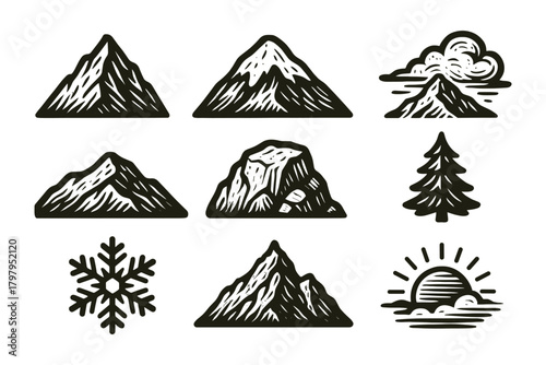 Vintage mountain and nature icons set with snow peaks and trees