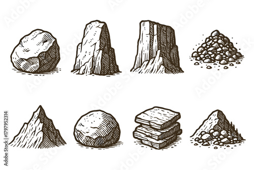 Vintage sketch of various rocks and stones in detailed monochrome style