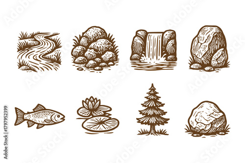 Rustic nature icons featuring stream, rocks, waterfall, and wildlife in hand drawn style