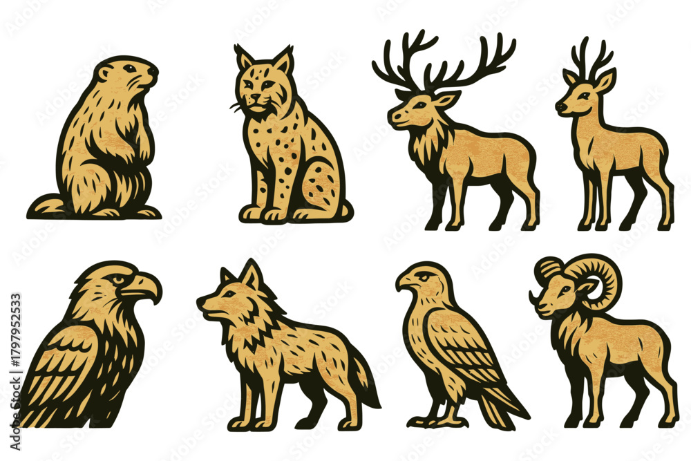 Obraz premium Woodland wildlife animals in vintage style: lynx, deer, eagle, and more