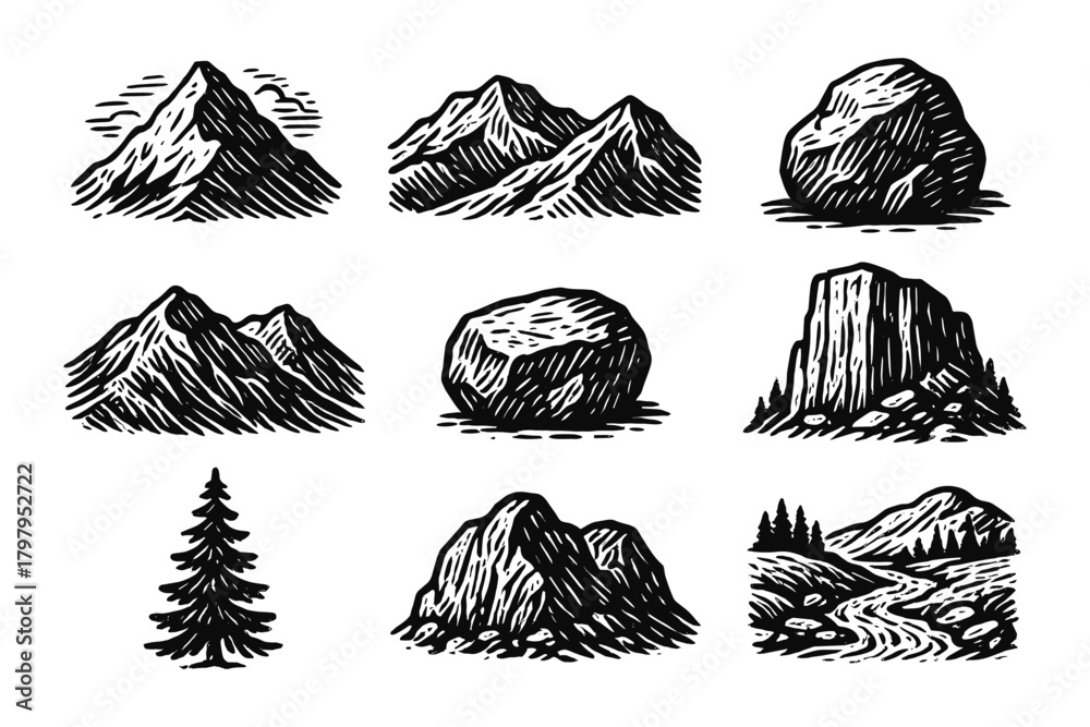 Naklejka premium Hand drawn mountain and landscape elements for nature designs