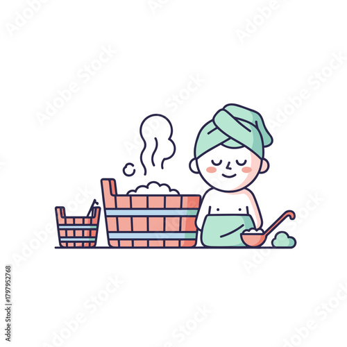 Young boy enjoying bath time in wooden tub with steam rising  