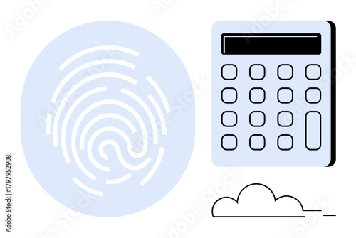 Minimalist fingerprint pattern, calculator, and cloud accent emphasizing identity verification, data protection, and safe computation. Ideal for digital security, fintech, authentication, privacy