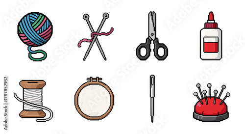 Pixel art sewing icons: yarn, needles, scissors, glue, thread, embroidery frame, needle, pin cushion