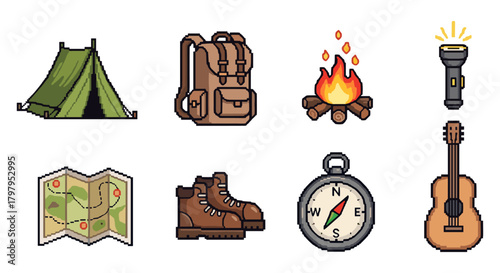 Pixel art camping adventure: gear and essentials collection