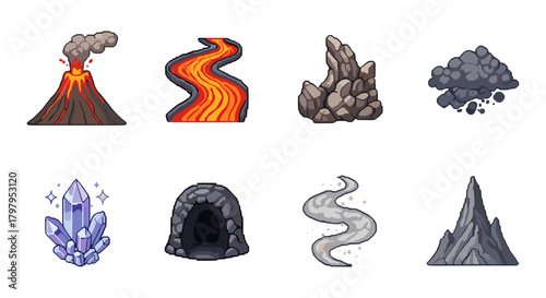 Volcanic elements collection: eruption, lava, rocks, ash, crystals, cave, steam, mountain