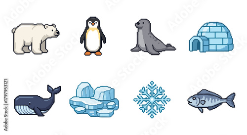 Pixel art arctic animals and winter elements collection