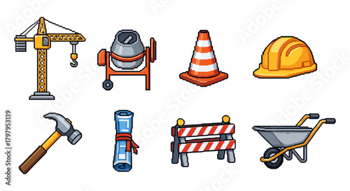 Construction tools and equipment icons set in modern cartoon style