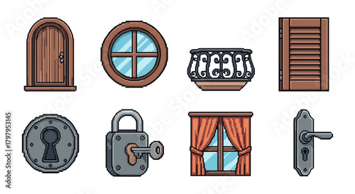Charming architectural elements in pixel art style featuring doors and windows