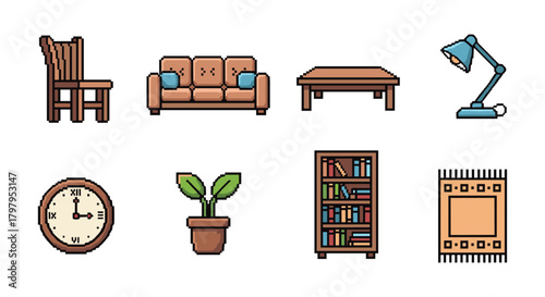 Charming pixel art icons of cozy home furniture and decor elements