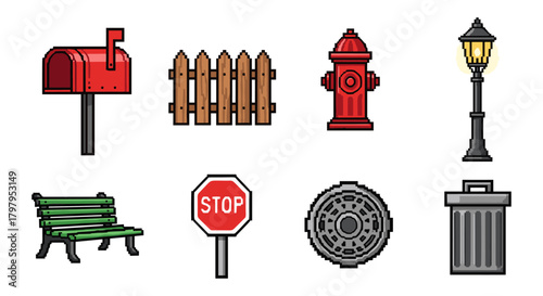 Retro pixel art city elements: mailbox, fence, fire hydrant, streetlight, bench, stop sign, manhole, trash can