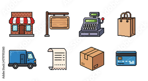 Retro shopping icons set featuring store, cash register, and delivery elements