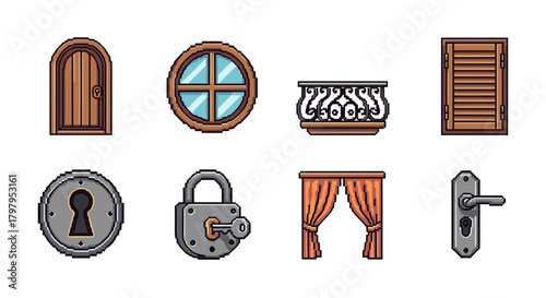 Pixel art home elements: doors, windows, and decor in minimalist style