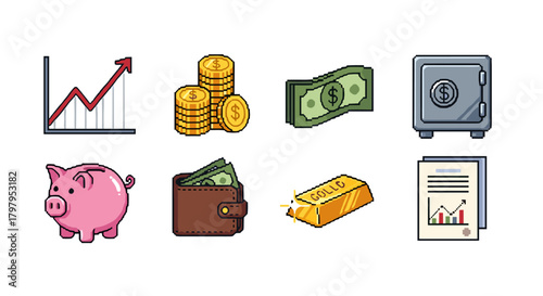 Pixel art finance icons collection: growth, investments, and savings essentials