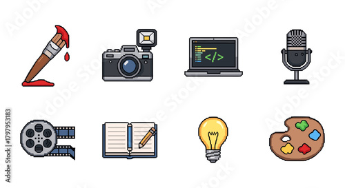 Creative tools icons set: art, technology, music, film, and literature in pixel art