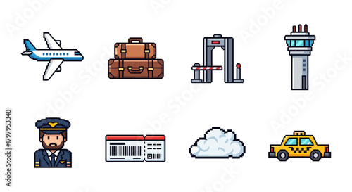 Pixel art travel and transportation icons: airplane, luggage, and more