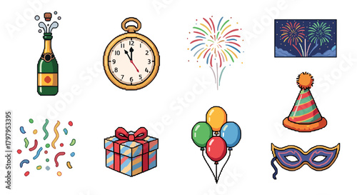 New year celebration icons: party hat, fireworks, balloons, and champagne