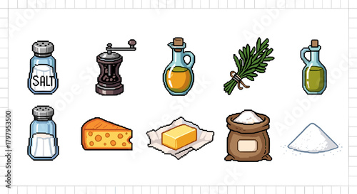 Pixel art food and kitchen items collection with salt, herbs, cheese, and olive oil