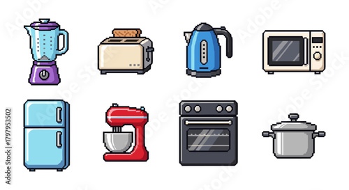 Pixel art kitchen appliances collection with blender, toaster, kettle, and more