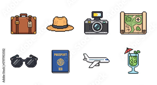 Pixel art travel icons: adventure essentials for your next trip